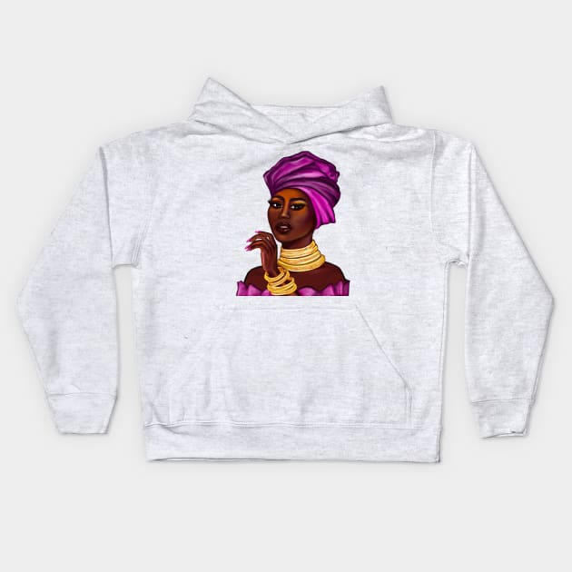 Queen Black is beautiful black girl with Gold bangles, neck ring necklace, purple dress and head wrap, brown eyes and dark brown skin ! Kids Hoodie by Artonmytee